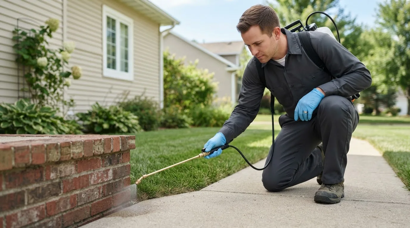 Pest control technician treating a home near Norcross, MN